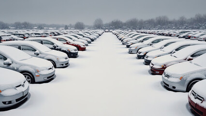 Cars covered in snow parked in a winter landscape  