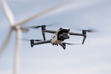 Drones capture wind energy project near wind turbines during clear sky