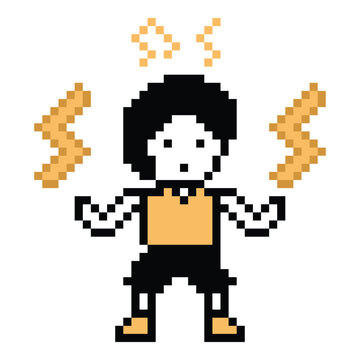 Cartoon pixel art man kid child exercises training dance music decor l8 bit male boy dancing with aerobics 8bit fitness vector.