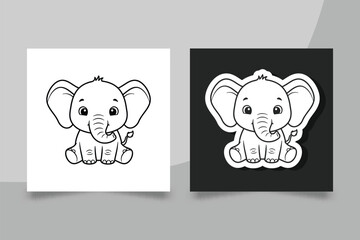 Cute Baby Elephant Line Art Sticker Set for Kids Coloring Book and Minimalist Animal Character Vector Illustration.