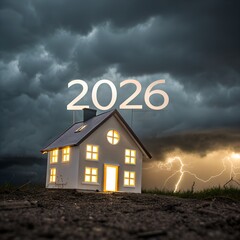 Model house with new year number 2026 against bad weather storm cloud background stock photo