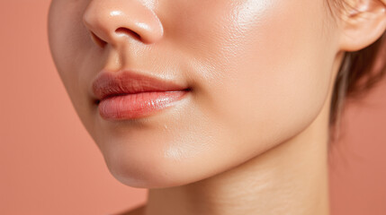 Obraz premium Close up of smooth skin with natural sheen on cheek contour and soft lips, highlighting healthy complexion and subtle glow on warm background