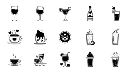Assorted drinks representing beverages icons for menu design in a minimalist sketch or Various beverages offer refreshing drinks icons for food menu isolated sketch