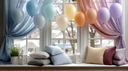 Festive window with birthday decorations, colorful curtains