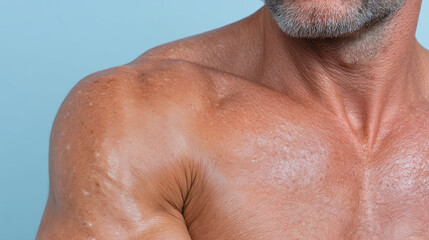 Fototapeta premium Macro body shot of skin texture on upper arm with mild scaling and visible pores, showing natural skin details and slight hair growth on mature male with beard against blue background