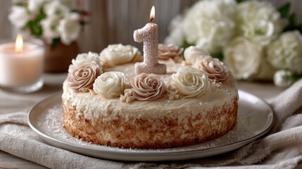 Number-shaped one birthday cake with buttercream flowers, sparkling candles, party backdrop