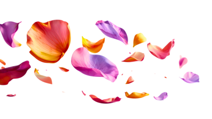 Petal flowers flying in the air in spring season isolated on background, falling blossom petal, levitation of beautiful tropical floral.