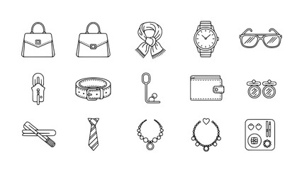Fashion accessories show stylish outline design on white background or fashion style items display elegant line art on clean backdrop