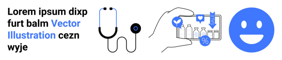 Fototapeta premium Healthcare, online shopping, pharmacy services, technology, medical tools, digital health. Stethoscope, mobile app interface happy face icon. Healthcare and online shopping concept