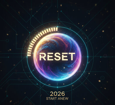 Vibrant digital concept with glowing reset button for 2026 new beginnings