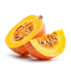 Freshly Cut Pumpkin Halves with Seeds Showing, Vibrant Orange Color, and Smooth Texture Against White Background