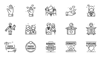 Romantic icons expressing dating in black line art style on white or Courtship symbols depicting love in simple minimalist drawing style on white