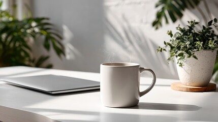 Modern minimalistic office workspace with laptop, coffee mug, lush plant, and clean design for professional work environment and productivity