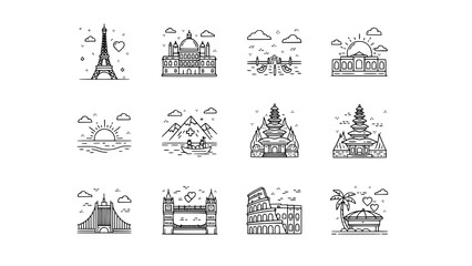 World landmarks illustrate sightseeing icons in tourism location icons or europe travel landmarks showcase sightseeing icons in vacations landscape
