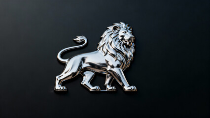 Polished metal lion emblem isolated on a dark background with a silver metallic sheen. wildlife magazines, conservation campaigns, designed for eco-tourism storytelling.