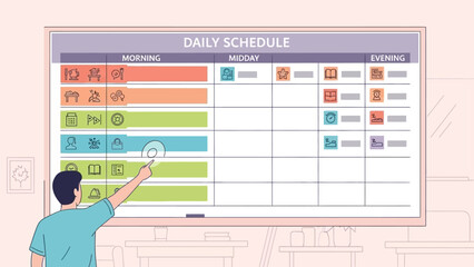 Man pointing at a daily schedule chart on a whiteboard with colorful blocks and icons in a classroom setting with a light background.
