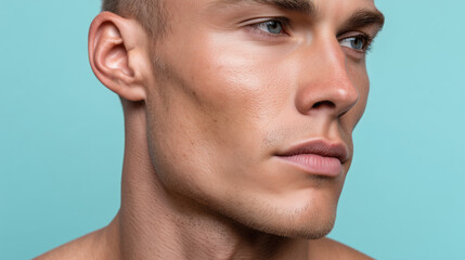 Obraz premium Matte male skin tone in macro clarity with elegant angles and smooth texture on face against blue background showing natural beauty and healthy complexion