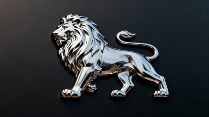 Polished metal lion emblem isolated on a dark background with a silver metallic sheen. wildlife magazines, conservation campaigns, designed for eco-tourism storytelling.