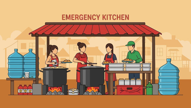 Illustration of people working at an emergency kitchen with a red canopy and cooking equipment.
