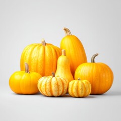 Fototapeta premium Assorted Yellow Pumpkins and Gourds Displayed on a Neutral Background for Autumn Celebration and Harvest Decoration