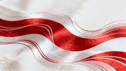 Elegant flowing red and white silk patterns in abstract Japanese textile design. event programs, museum guides, designed for cultural heritage projects and event programs.
