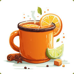 Vector illustration of a cup of spiced tea with lemon slices, ginger, sugar cubes, leaves, isolated on a white background. Vector illustration of winter aromatic beverage