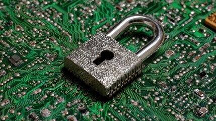 Metallic padlock on a green circuit board