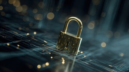 Golden padlock on digital circuit board