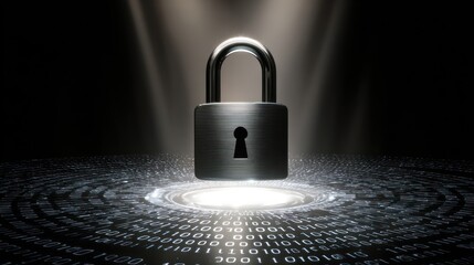 Metal padlock on digital data circle