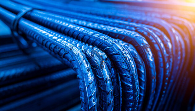 Close up of blue rebar steel bars tied together in a construction site building material