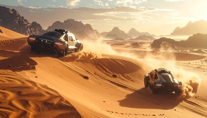 Vehicles surfing over floating metallic sand dunes, guided by invisible magnetic fields in alien desert landscapes.