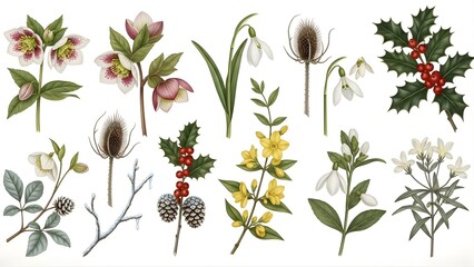 Collection of Winter Botanical Illustrations Featuring Snowdrops, Holly, and Pine