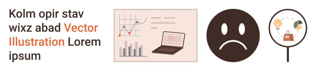 Fototapeta premium Data analysis, e-commerce, emotional communication, business performance, consumer feedback, research tools. A graph with a laptop, sad face and a shopping concept icon. Data analysis and e-commerce