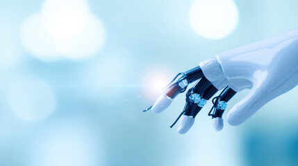 Robot hand touching light with blue background showing primary care online technology concept