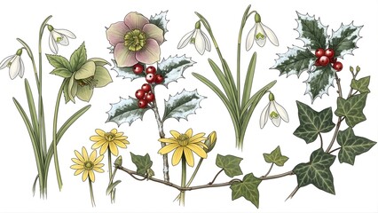 Illustrated Botanical Art Featuring Winter Flowers and Plants