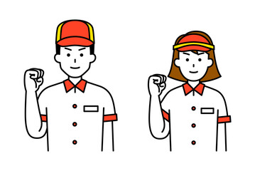 ガッツポーズをするファストフード店の店員　セット