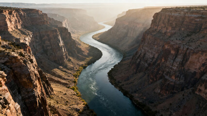 An aerial view of a winding river cutting through a canyon with steep rock walls. travel magazines, destination branding, designed for travel destination branding.