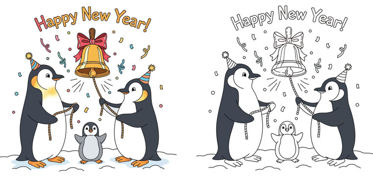 Cute cartoon penguin family ringing a golden bell to celebrate New Year, funny vector illustration of happy animals wearing party hats with confetti and text.
