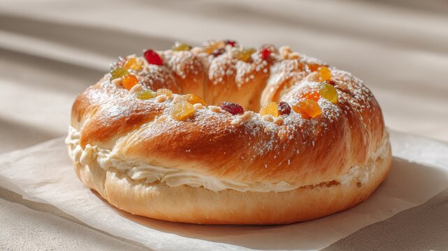 A traditional Spanish roscon cake decorated with colorful candied fruits and powdered sugar. It symbolizes the Three Wise Men celebration during Christmas.
