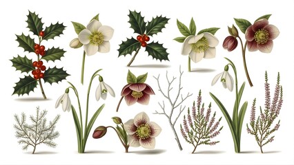 Illustration of Winter Flowers and Plants Including Holly, Snowdrops, and Hellebores