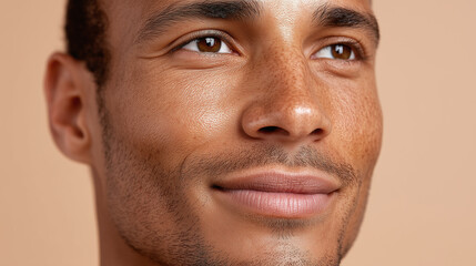 Fototapeta premium Close up of smiling man with smooth skin and warm sun kissed glow on face, showing natural freckles and soft facial hair, expressing calm and contentment
