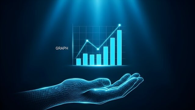Glowing digital graph and hand with rays of light on a dark background - Powered by Adobe