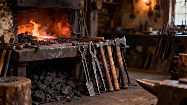  Ancient blacksmith workshop with tools arranged by a forge. safety posters, maintenance manuals, designed for industrial assembly lines and welding operations, used by operations managers.