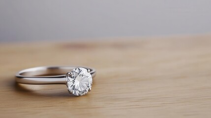 Elegant solitaire diamond ring on wooden surface with soft background