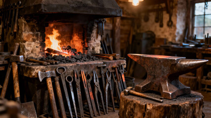  Ancient blacksmith workshop with tools arranged by a forge. safety posters, maintenance manuals, designed for industrial assembly lines and welding operations, used by operations managers.