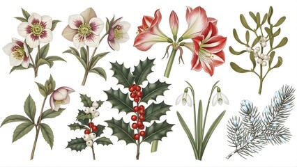 Vintage Botanical Illustrations of Winter Flowers and Greenery