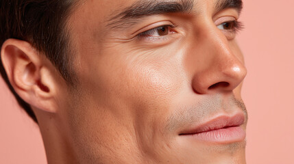 Fototapeta premium Sun kissed warm male facial tone captured in soft light with smooth skin texture and natural expression on peach background creating calm and serene mood
