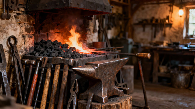  Ancient blacksmith workshop with tools arranged by a forge. safety posters, maintenance manuals, designed for industrial assembly lines and welding operations, used by operations managers.