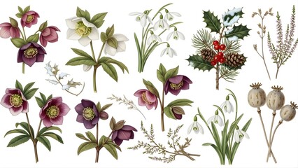 Collection of Botanical Illustrations Featuring Hellebores, Snowdrops, and Seasonal Flora