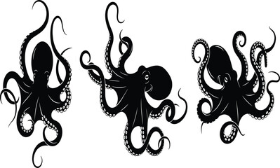 Black silhouette octopus illustration, sea animal vector design, marine wildlife clipart, underwater creature artwork, ocean life decorative graphic element © MstRajina